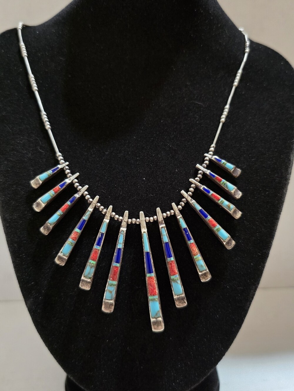 Vtg Native American Reversible Inlay Necklace Turquoise Opal Lapis Coral 18 Inch